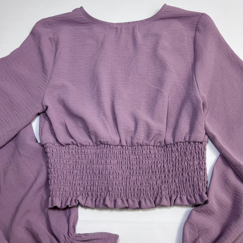 Altar'd State Crop Top Small Purple V Neckline Smocked Waist Ruffle Long Sleeve - Picture 9 of 12